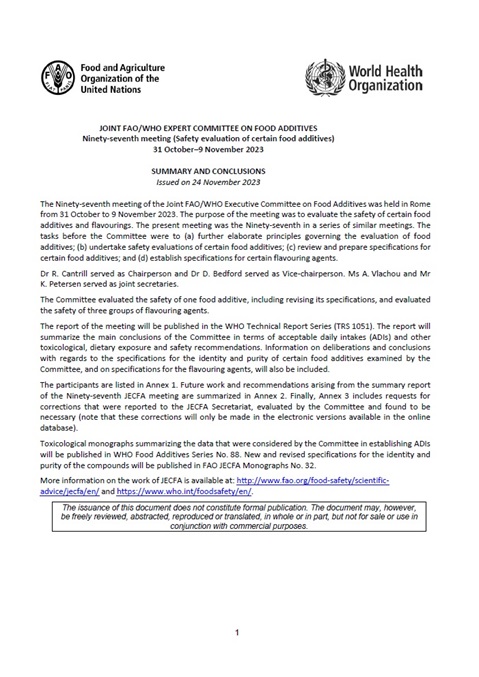 Ninety-seventh meeting - Joint FAO/WHO Expert Committee on Food Additives (JECFA)