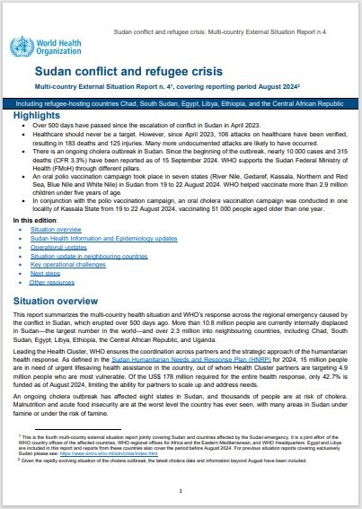 Sudan conflict and refugee crisis, Multi-country External Situation Report #4, covering the reporting period August 2024